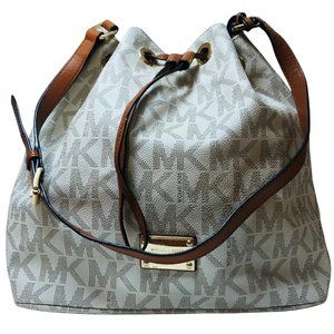 Michael Kors Jules Signature Grey on White Drawstring Shoulder Bag Crossbody
